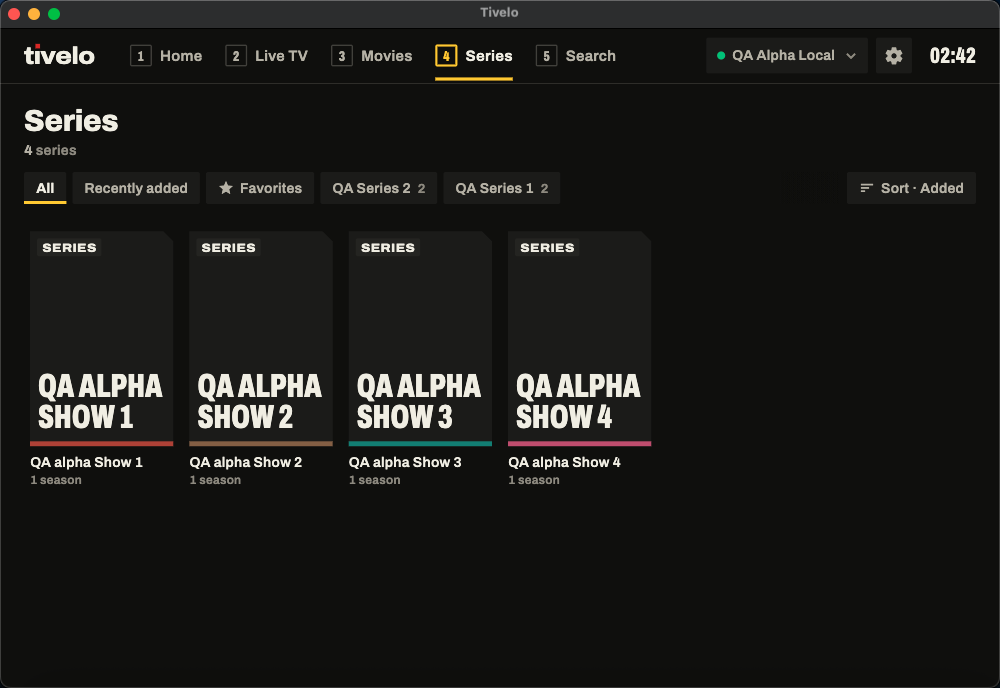 Tivelo series library with a horizontal category bar and four clearly labeled synthetic QA shows